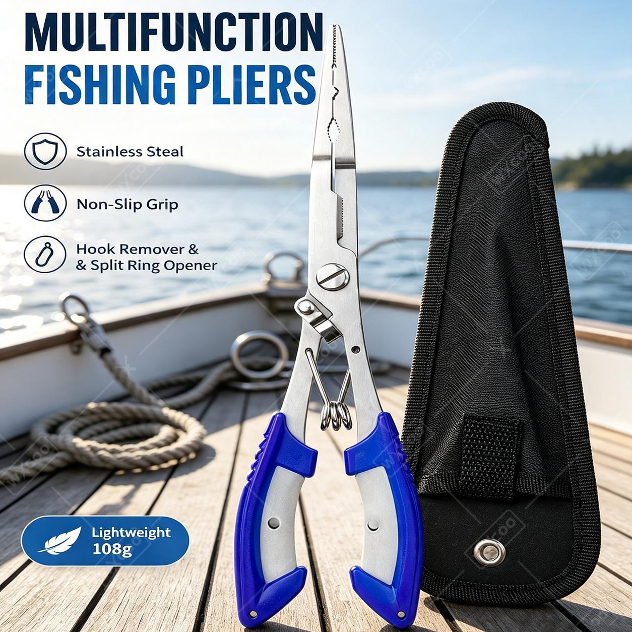 Saltwater Line - Multifunktionales Angelwerkzeug-Set aus Edelstahl: Falchzangen-Hakenentferner, Fischgreifer,